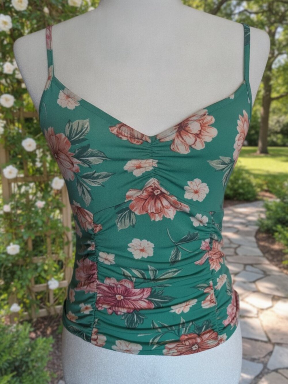 Ambiance Teal Floral Ruched V-Neck Cami